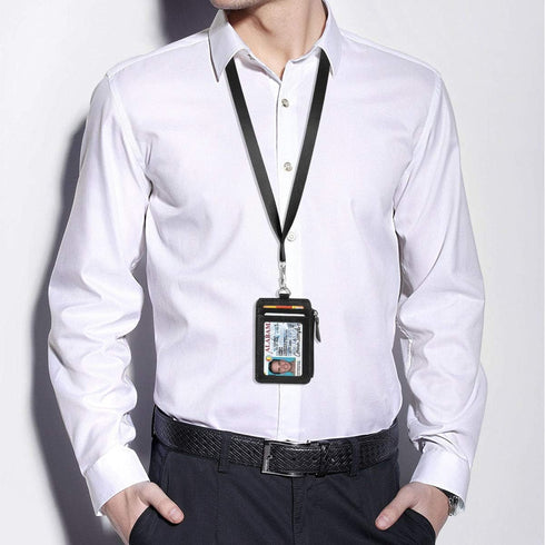 Black Genuine Leather Badge Holder with Zipper, RFID Keychain Wallet Neck Lanyards and Swivel Hook for Card/Coin/Cash