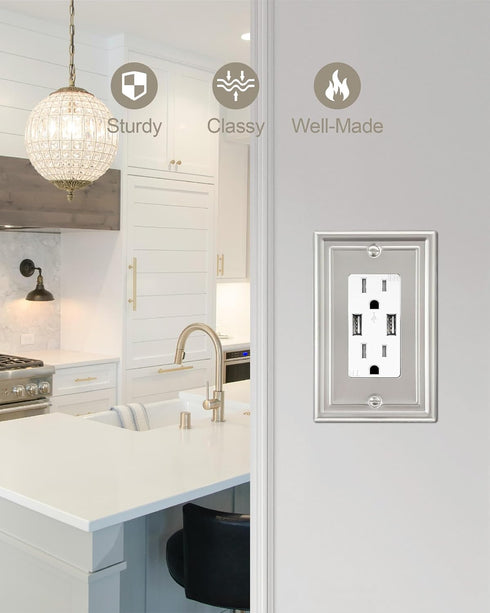 2-Pack Decorator Wall Plate, Satin Nickel Electrical Outlet Cover Plate for Receptacle and Dimmer Switch