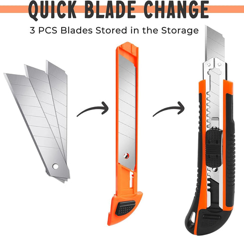 3-Pack Box Cutter Utility Knife, Retractable Ultra Sharp Blade with Anti-Slip Rubber Handle for Cutting