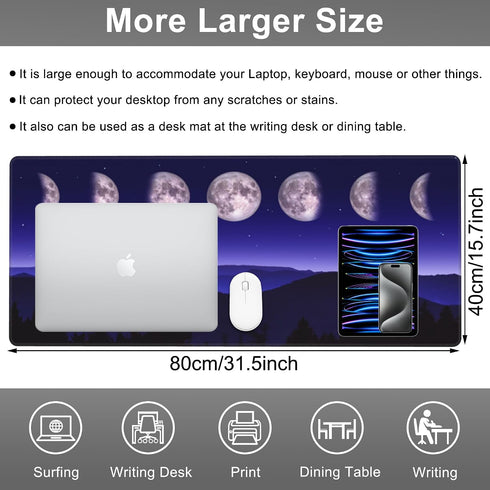 NIYLYNSYN 31.5"x15.7" Mouse Pad, Large Moon Phases and Mountain Forest Desk Mat, Extended Non-Slip Gaming Keyboard