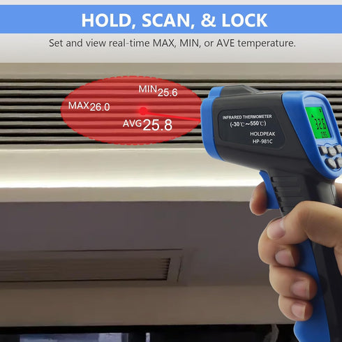 HOLDPEAK 981C Digital Laser Infrared Thermometer - Non Contact IR Heat Temperature Gun for Cooking and Grill