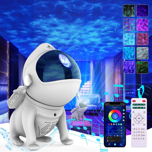 Space Dog Astronaut Star Projector - 21 Color Modes, Bluetooth Speaker, White