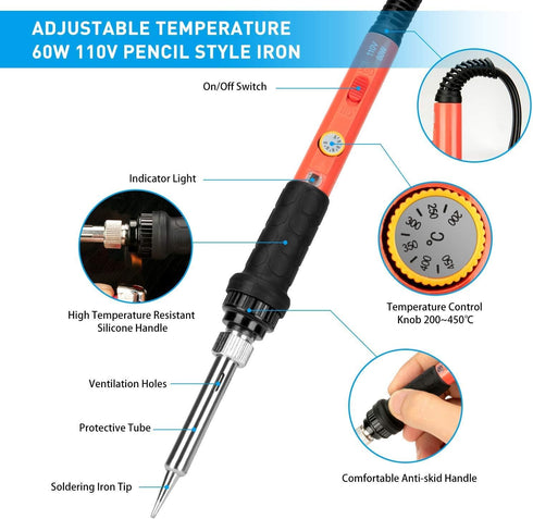 Soldering Iron Kit, 60W Adjustable Temperature Soldering Iron with Ceramic Heater for Hobby Enthusiasts