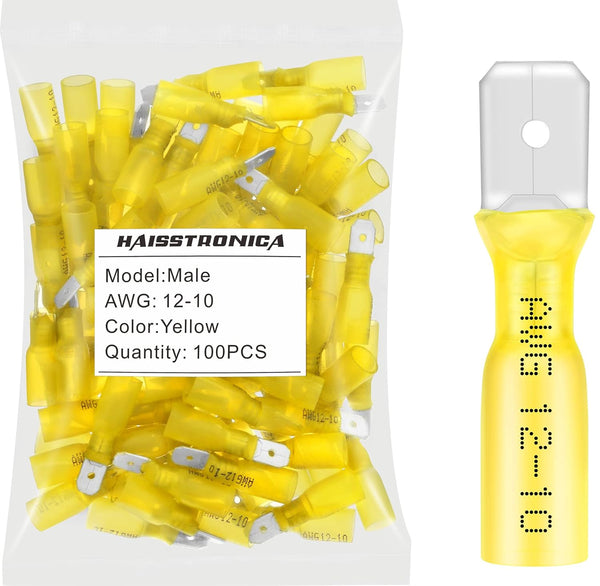 haisstronica 100pcs Yellow Heat Shrink Male Spade Connectors, 12-10 Gauge Insulated Electrical Crimp Terminals