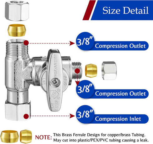 Tee Stop Valve Add-A-Tee Valve, 3/8" Compression Faucet T Adapter Connector Splitter for Dishwasher Supply Line