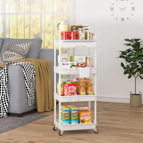 4 Tier Rolling Utility Cart with Drawer, Plastic Storage Organizer Rolling Carts with Wheels Handles Hanging Cups Hooks