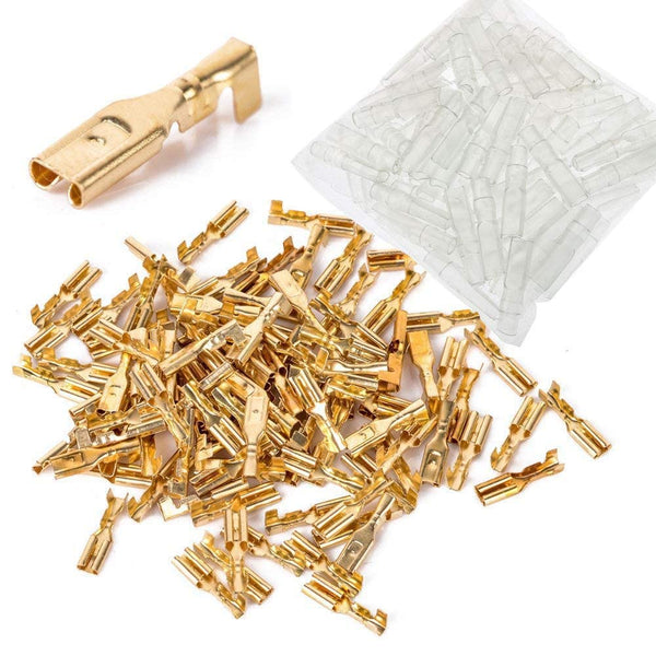 100 Pcs 2.8mm Gold Female Spade Crimp Terminal, Insulating Sleeve Self Lock Plug Electrical Wire Splice Connectors