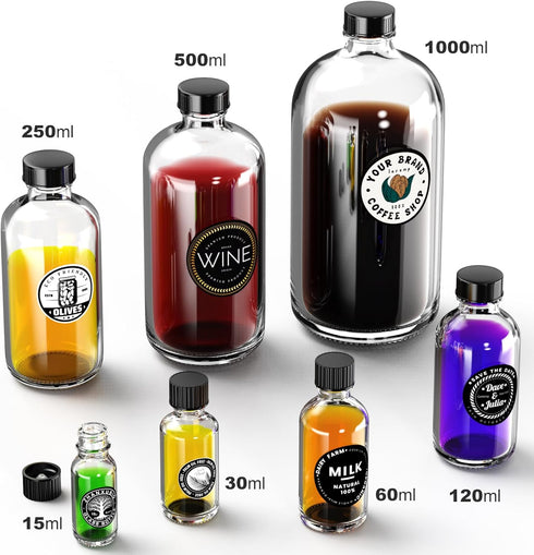 12PCS 0.5 oz Clear Glass Bottles, 15ml Boston Round Sample Bottles with Black Poly Cone Caps, Labels, Funnels