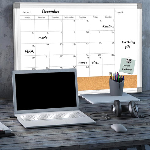 Upgraded Monthly Calendar Dry Erase White Board & Cork Bulletin Board, 17.7" x 23.6" Aluminum Frame