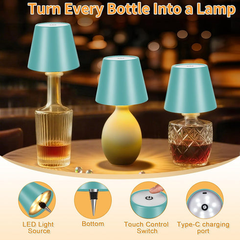 3 Dimmable, 5H 48H Rechargeable Wireless Bottle Lamp - Color Stepless Metallic Sky Blue Lampshade, Bright Light or Soft