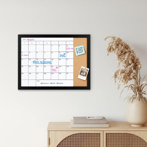 Magnetic Surface Monthly Calendar Whiteboard & Cork Board, Combination Dry Erase Calendar for Wall, Black Frame