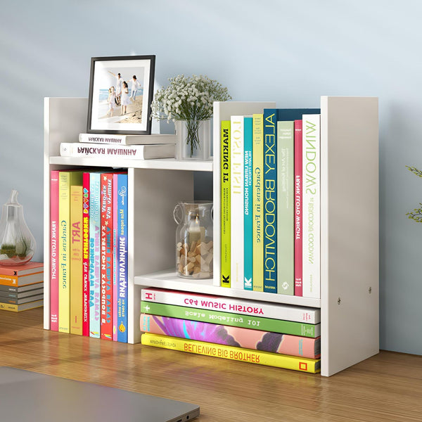 JLD Wood Adjustable 5-Shelf Desktop Bookshelf, Expandable Office Storage Rack, White
