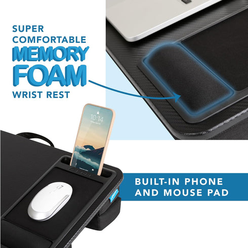LAPGEAR Large Adjustable Lap Desk, Memory Foam Wrist Rest, Mouse Pad, Phone Holder, Fits up to 15.6 Inch Laptops (Black