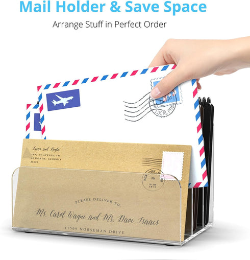 Desk Mail Organizer, 3 Section Clear Acrylic File Holder, Vertical Lightweight Envelope Holder for Office, Home, School
