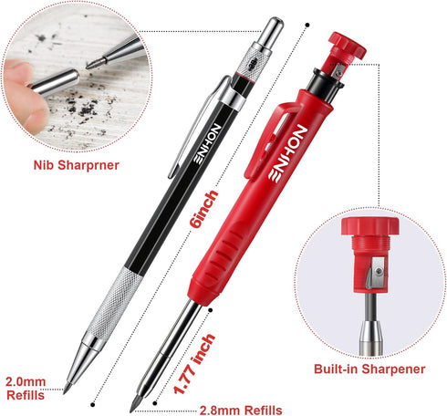 Enhon Mechanical Carpenter Pencils Set with Marker Refills and Carbide Scriber Tool, Solid Deep Hole Woodworking Pencils Marker Marking Tools with Built in Sharpener for Architect Construction