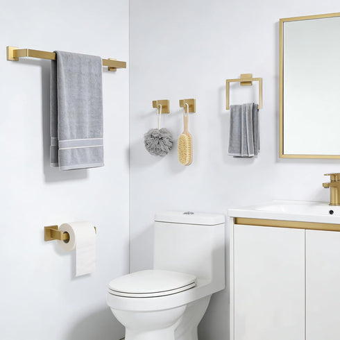 5-Pieces Set, 304 24.48 Inch Set Brushed Gold Bathroom Hardware SUS Stainless Steel Square Towel Bar with Towel Ring