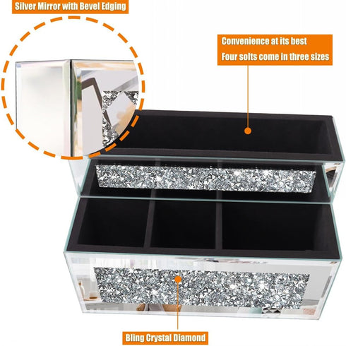 Mirrored Remote Holder, Wall or Tabletop Mounted Organizer with Crush Diamond Bling Decoration, 4 Slots in 3 Sizes,