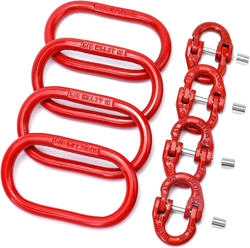 QWORK Chain Link Connectors Set, 4 Set 3/8" 7100 lbs Lock and 2 Pcs 5/8" 6600 lbs Link, Grade 80 Steel, Red