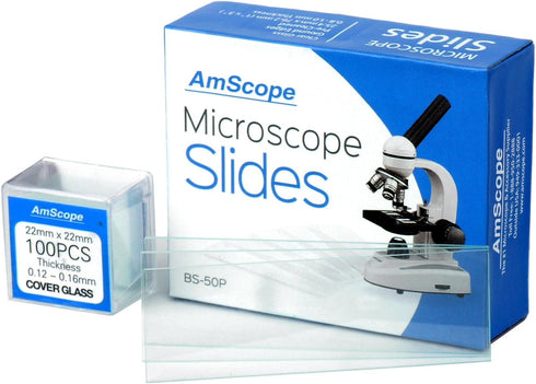AmScope BS-50P-100S-22 Pre-Cleaned Glass Microscope Slides and 100pc Square Glass Cover Slips