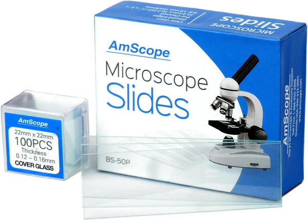 AmScope BS-50P-100S-22 Pre-Cleaned Glass Microscope Slides and 100pc Square Glass Cover Slips