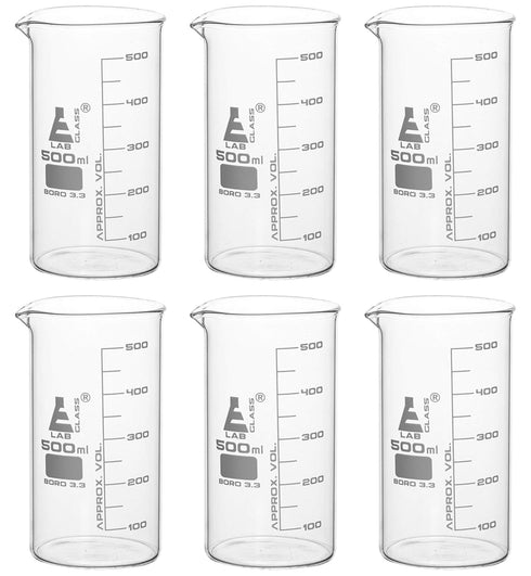 EISCO 6PK Beakers, 500ml Tall Form with Spout, White, 50ml Graduations, Borosilicate 3.3 Glass