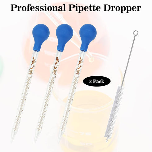 3Pcs Glass Pipettes Dropper, 10ml Graduated Liquid Dropper with Rubber Bulb and Cleaning Brush for Essential Oil