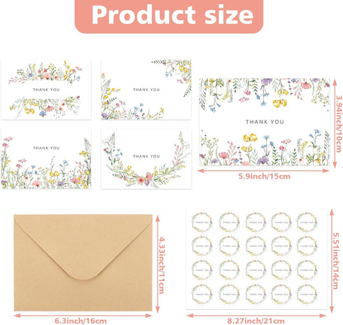 Lemicin 100 Packs -4x6 Inches Set Wildflower Thank You Cards with Envelopes Thank You Letter with Envelopes