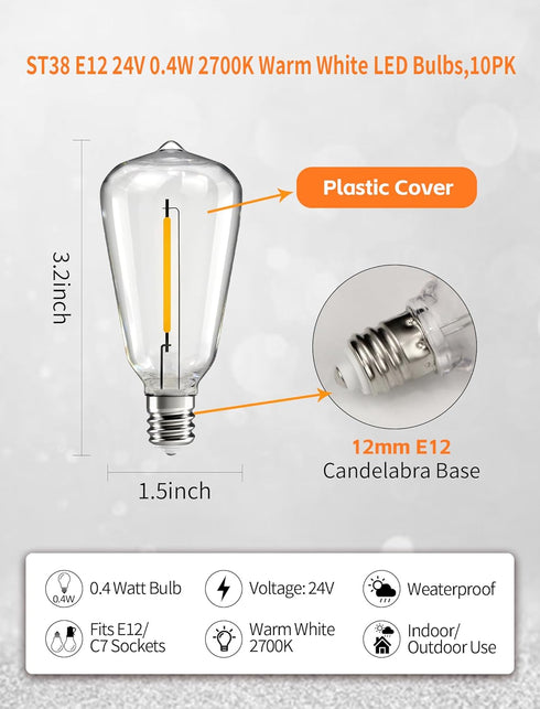 Hobbynors 10-Pack 24V ST38 Bulbs Bulbs (E12 2700K 120V LED Replacement for Outdoor String Lights, Shatterproof Plastic