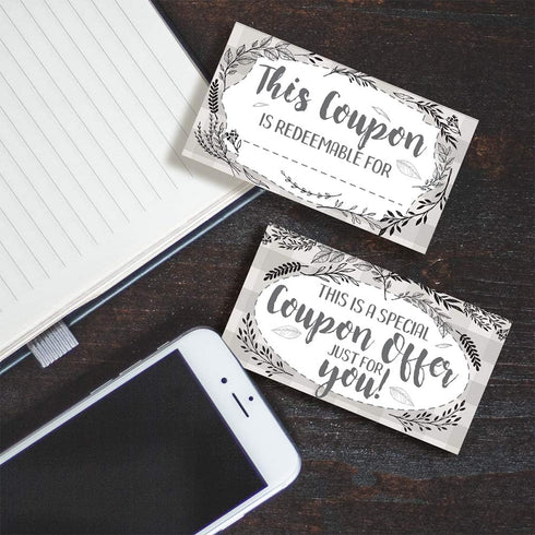 Set of 50 Blank Coupon Cards - Botanicals Gift Card Stationery for Small Business, Restaurants, Salons