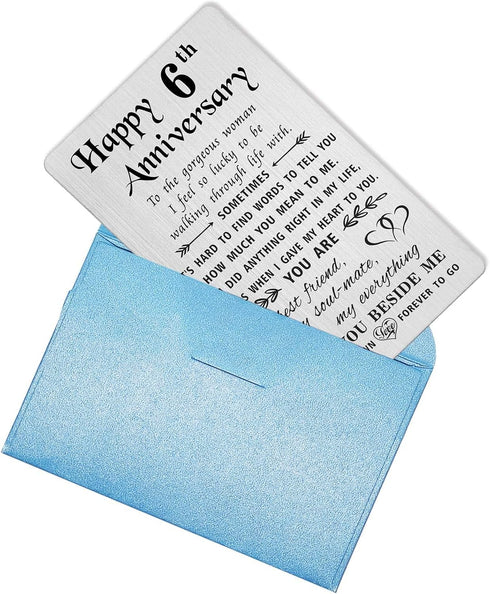 TANWIH 6th Anniversary Card for Wife - 6 Year Iron Wedding Anniversary Gifts for Her, Engraved Metal Wallet Card