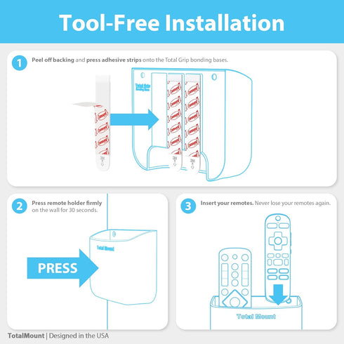 TotalMount Hole-Free Remote Holder | Eliminates Need to Drill Holes for 2 or 3 Remote Controls