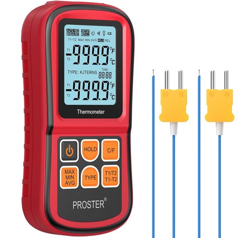 Proster Digital Thermocouple Temperature Thermometer Dual Channel with Two K-Type Probes, Backlight LCD