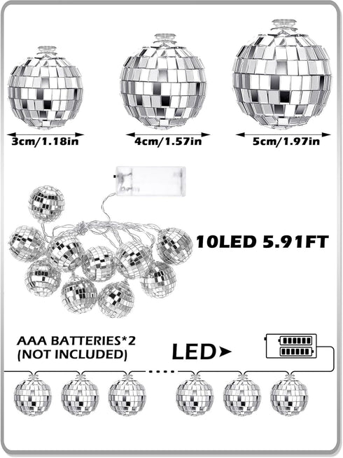 70s 80s Supplies(1.57 Inch,Warm BBTO LED Disco Ball String Light Battery Powered Mirror Balls Ornaments for Outside