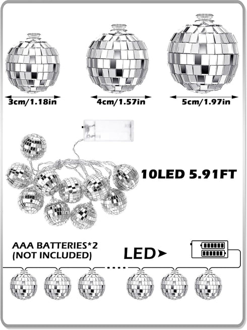 70s 80s Supplies(1.18 Inch,Warm BBTO LED Disco Ball String Light Battery Powered Mirror Balls Ornaments for Outside