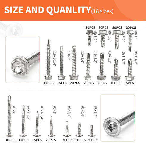 415pcs Premium Self Tapping Screw Assortment Kit, #8 & #10 Stainless Steel Screws, 1/2" to 2" Length