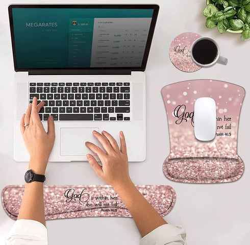 Ergonomic Mouse Pad Wrist Support and Keyboard Wrist Rest Set with Coasters, Non-Slip PU Base, Easy Typing, Relieve