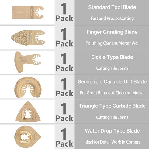 6PCS Carbide Oscillating Tool Blade, Multitool Saw Blade Quick Release Power Accessories Universal Kit for Tile Grout