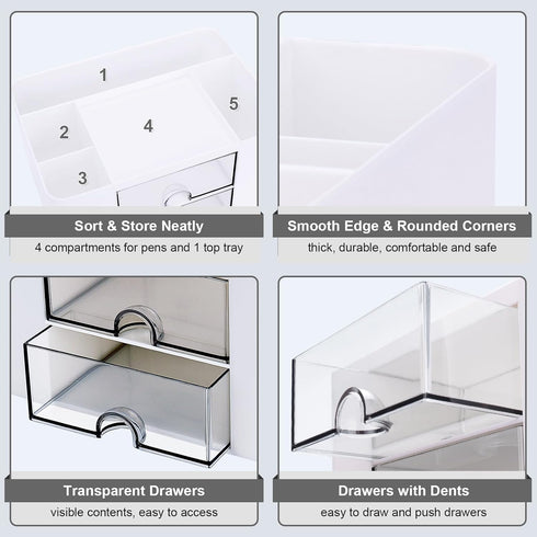 Plastic Pen Organizer, Multifunctional Desk Organizer with 2 Drawers, 4 Compartments for Office, White