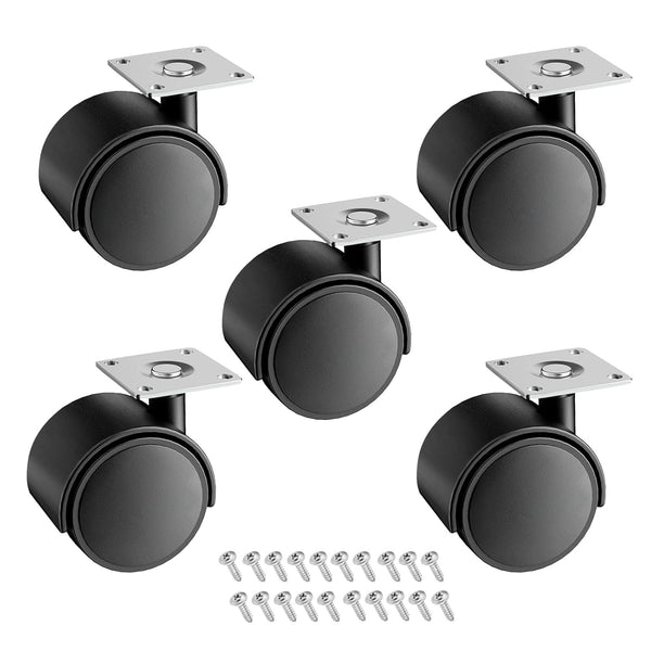5pcs 1-inch Furniture Casters, Black Nylon Plastic Small Swivel Wheels with Screws