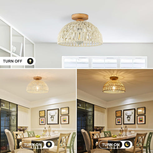 Boho Ceiling Light Fixture Rattan Flush Mount Ceiling Light Bedroom Chandelier Hand-Woven Lamp Shade Wooden Base Small