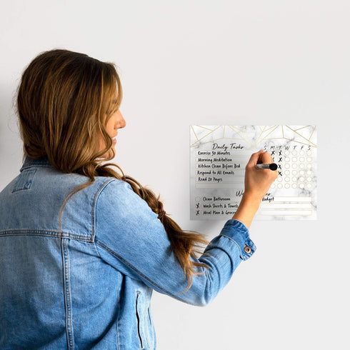 Dry Erase Whiteboard Task Planner, Removable Adhesive Decal, Fine-Tip Magnetic Marker Included (9 x 12 in, Marble)