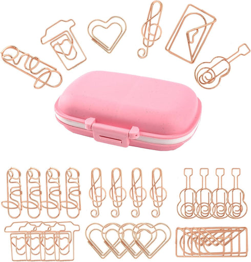 Framendino 30 Pack Rose Gold Cute Assorted Sizes Small Paper Clips, Index Card Binder Clip with Fun Storage Box