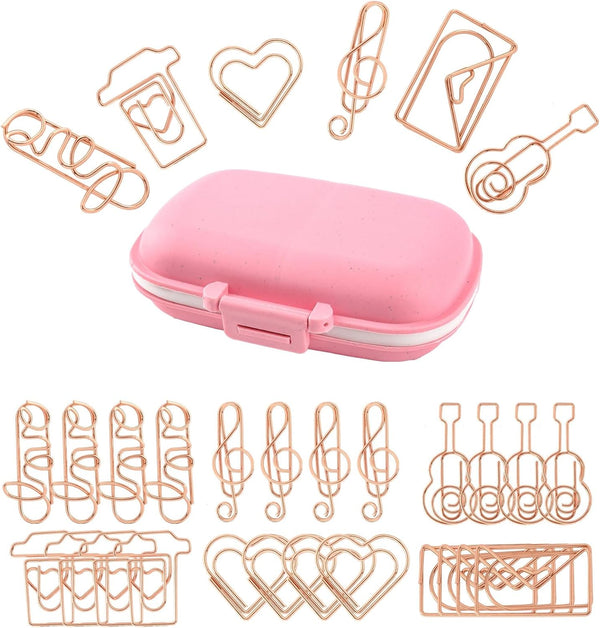 Framendino 30 Pack Rose Gold Cute Assorted Sizes Small Paper Clips, Index Card Binder Clip with Fun Storage Box
