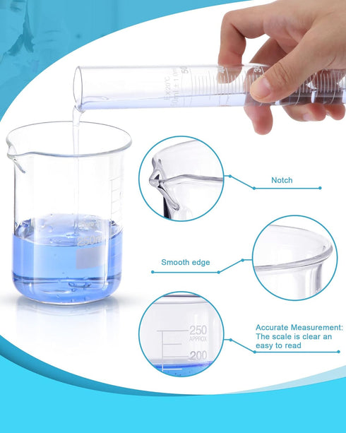 18 Pieces Lab Glassware Set - Beaker, Flask, Cylinder Set with Droppers, Brushes, and Stirring Rod
