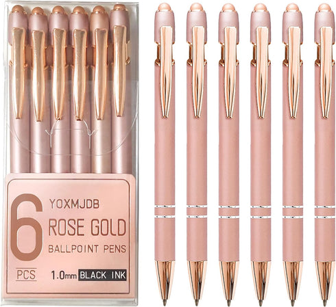 Ballpoint Pens, 6 Pack Rose Gold Metal Pens - Black Ink 1.0mm Medium Point Stylus Pens for Touch Screens, Cute Teacher