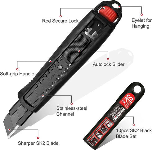 HAUTMEC 18mm Extra Heavy Duty Utility Knife with Double Lock Mechanism and 10pc Blade Set, SK2 Sharp Black Blade for
