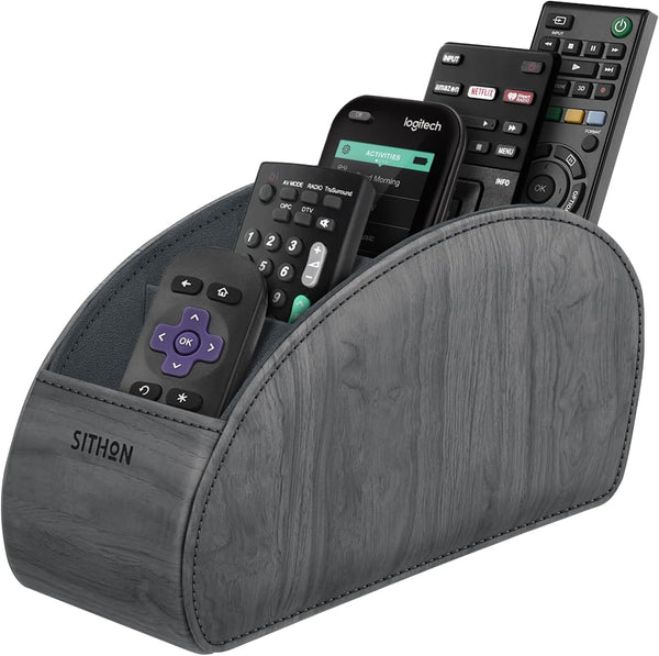 SITHON PU Leather Remote Control Holder with 5 Compartments, Desktop Organizer for TV, DVD, Media Player, Woodgrain Gray