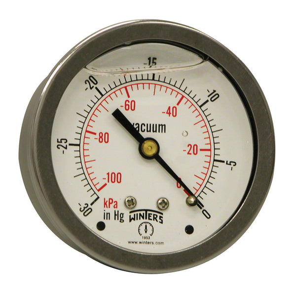 Winters 2-1/2" Dial Size, Liquid Filled Industrial Pressure Gauge, Brass Internals, 304 Stainless Steel Case, Dual Scale 30 inch Hg-0 Vac/kPa, 1.5% Acc, 1/4" NPT Back Mount, Vacuum Pressure Gauge