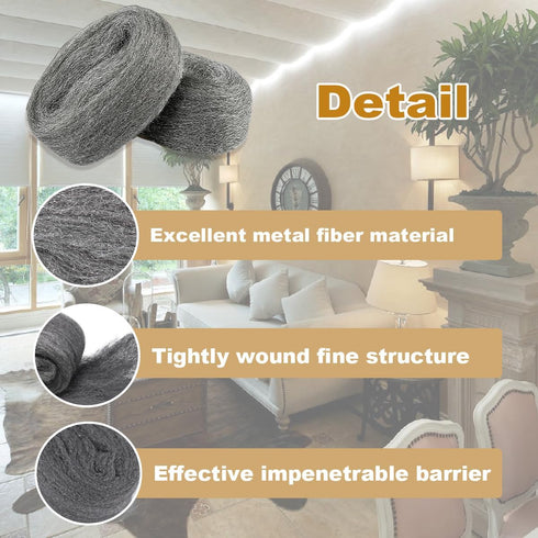 3 Pack Steel Wool Mice Control, 3.2"x10.5Ft Hole Filler for Home & Garage, DIY Bundle with Gloves & Scissors