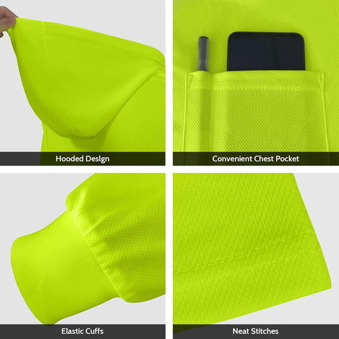 Hi Vis Shirts for Men with Hood, Long Sleeve Safety Shirts, Lightweight, Breathable Construction Work Shirts